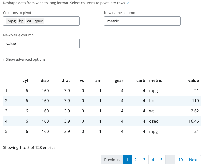Pivot longer block interface